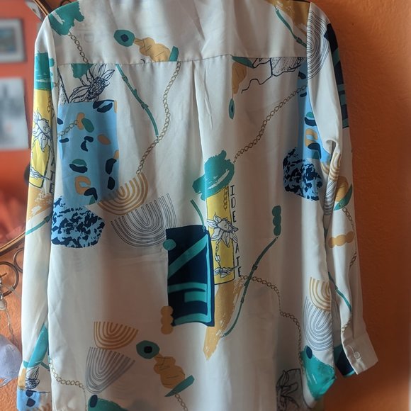 51. Menglu Women's Warm Cream Button Up Satin-Feel With Large Dispersed Abstract - Picture 2 of 7